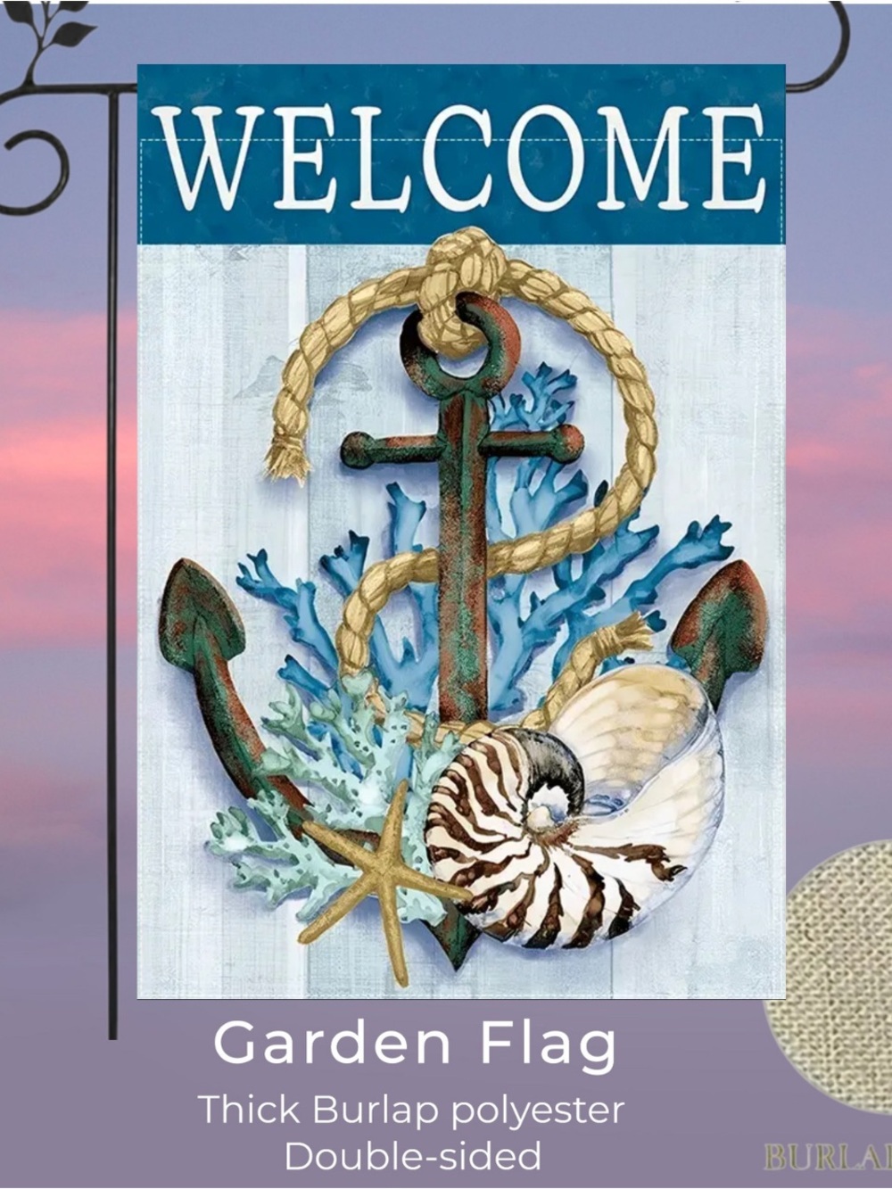 Garden Flag, Nautical Welcome, Burlap double-sided, approx 12”x18”